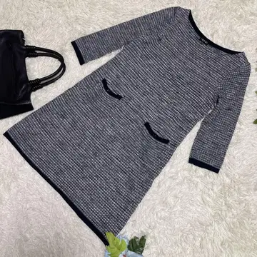 컨디션 최상 인디비 7부 소매 원피스 네이비 린넨 혼방 일본제 38 M