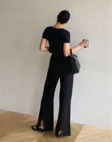 시루무린 BACK 슬릿 GLOSS RIB 팬츠 블랙 S
