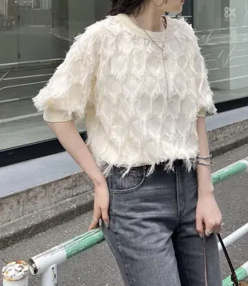 하프 슬리브 프린지 블라우스