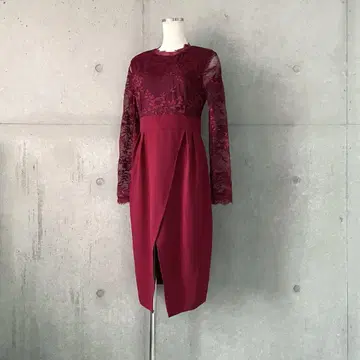 택 포함 하이넥 레이스 도킹 원피스 M 보르도