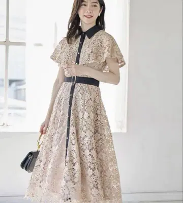 tocco closet 배색 케이프형 플라워 레이스 셔츠 원피스