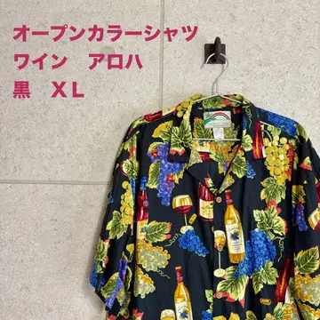 오픈 카라 와인 패턴 알로하 셔츠 XL 블랙