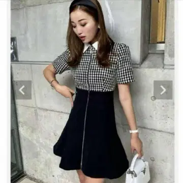 셰리에 sheller 하운드투스 체크 패턴 카라 부착 절개 원피스