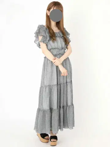 앙크루즈 깅엄 체크 프릴 티어드 롱 원피스