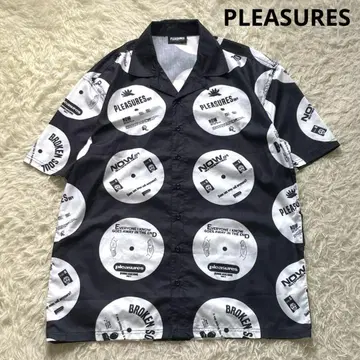 PLEASURES 레코드 프린트 오픈 카라 셔츠 사이즈 L 블랙