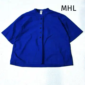 레어 사이즈 MHL 스탠드 카라 셔츠 린넨 혼방 반팔 하프 버튼 파랑