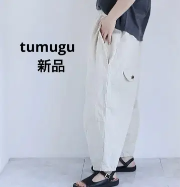 새상품 tumugu 팬츠 코튼 린넨 데님 팅커 팬츠 린넨 면 아이보리