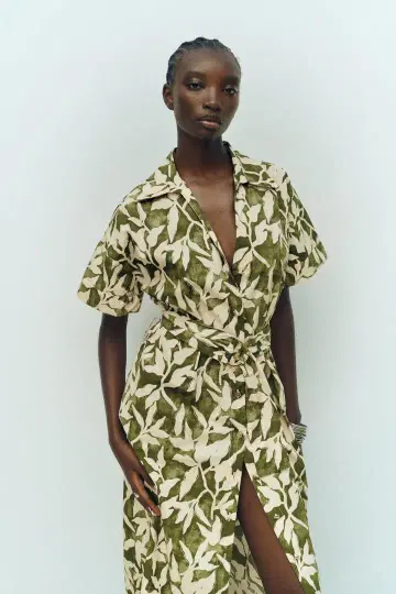 ZARA 보타니컬 무늬 롱 셔츠 원피스 M 사이즈 골드 버튼 벨트 포함