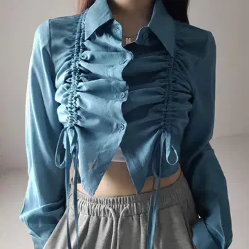 새상품! 더블 리본 셔링 숏 시어 셔츠 블루