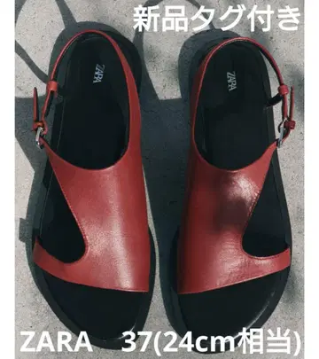 ZARA 자라 레드 플랫 비대칭 가죽 샌들 레드 37