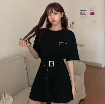 블랙 반팔 벨트 미니 원피스