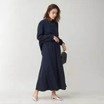 칼리테 피치 피케 플레어 팬츠 셋업 드레이프감 네이비 허리밴딩
