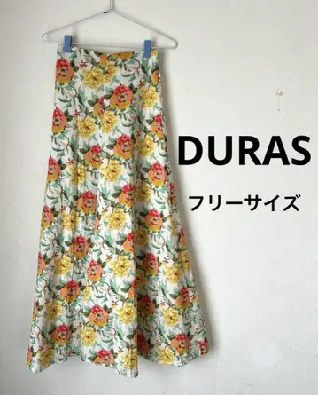 DURAS 프리 사이즈 허리 밴딩 택 포함 플라워 패턴 플레어 롱 스커트