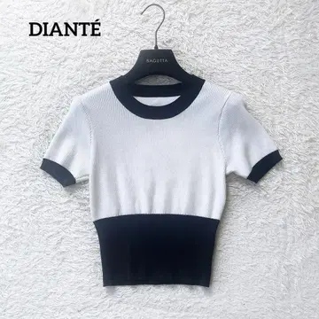 DIANTE 디안테 바이컬러 반팔 니트 탑 로고 플레이트 예쁜