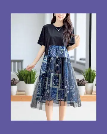 미사용 새상품! 얇은 명주 레이어드 블루 플라워 프린트 원피스