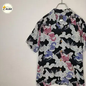 알로하 셔츠 일본풍 패턴 용 드래곤 블랙 검정 구름 빈티지 오픈 카라 L