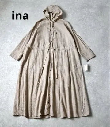 ina 이나 린넨 코튼 후드 부착 롱 코트 겉옷