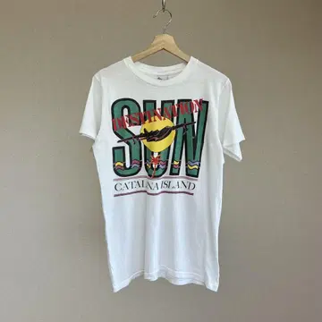 80s 90s USA제 화이트 프린트 티셔츠 반팔 비치 빈티지