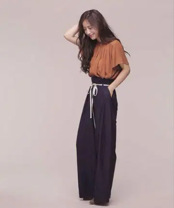 새상품 나노 유니버스 하이 웨스트 와이드 팬츠 네이비 38 허리 리본