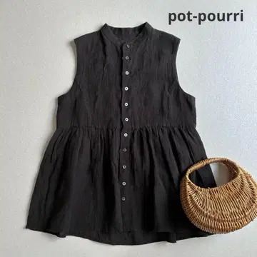 pot-pourri 밴드 카라 슬리브리스 블라우스 린넨 100 일본제
