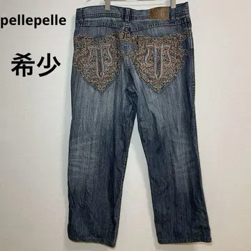 pellepelle 펠레펠레 레어 자수 로고 와이드 데님 팬츠 가죽 패치