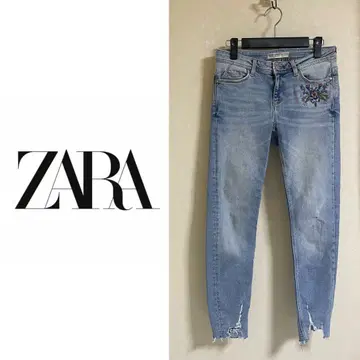 ZARA 플라워 자수 크러쉬 데님 진 데미지 블루 컷오프