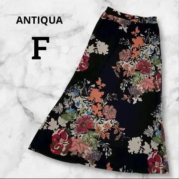 레어! ANTIQUA 플라워 프린트 롱 스커트 F 블랙 세련된