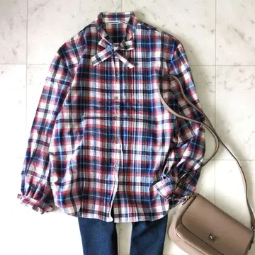 마드모아젤 논논 체크 셔츠 블라우스 코튼 리본 긴팔