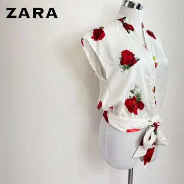 ZARA 자라 로즈 프린트 슬리브리스 프론트 타이 블라우스