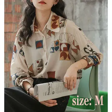 블라우스 긴팔 셔츠 캐주얼 기하학 패턴 레트로 세련된 한국 M 사이즈