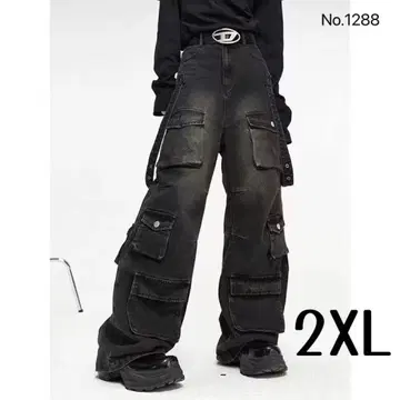 카고 팬츠 블랙 2XL 사이드 벨트 포켓 와이드 팬츠 지하인