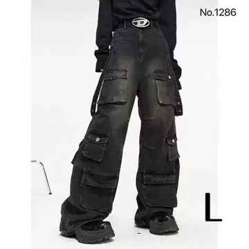 카고 팬츠 블랙 L 사이드 벨트 포켓 와이드 팬츠 지하인 한국