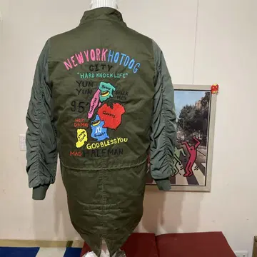 HALFMAN 올리브 그린 모즈 코트 컬러풀 자수