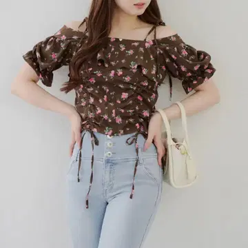 플라워 프린트 오프숄더 셔츠