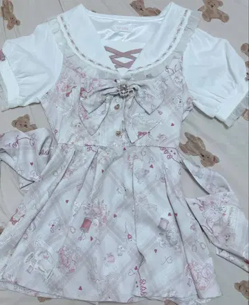 LIZLISA Sewing Bear 패턴 셋업 반팔 핑크