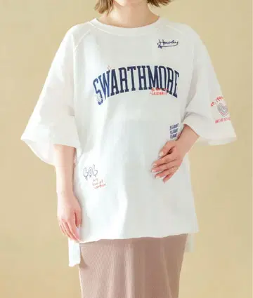 미사용 새상품 마터니티 모티브 로고 5부 소매 풀오버 렙심 반팔 티셔츠