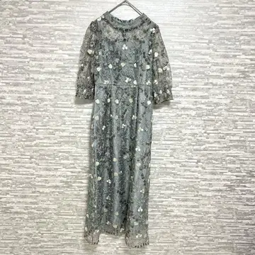아사쿠라 자수 레이스 원피스 M 블루 그레이 꽃무늬 걸리시 파티