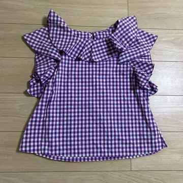 새상품급 CHILDWOMAN 체크 블라우스 퍼플 보라색 넉넉한 프릴