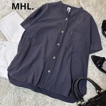MHL MHL 코튼 린넨 반팔 셔츠 밴드 카라 네이비 II