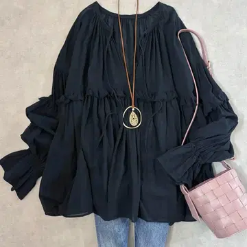 플라주 23SS Fril 개더 블라우스 코튼 면 블랙 검정