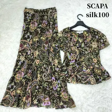 컨디션 최상 SCAPA 실크 100% 꽃무늬 프릴 블라우스 플레어 셋업