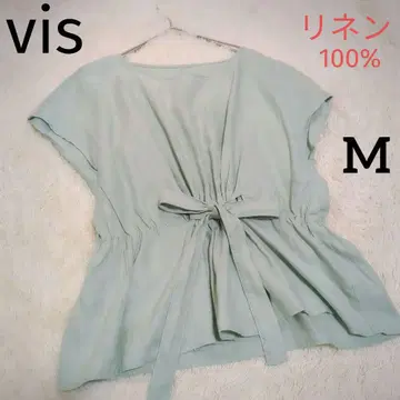vis 반팔 블라우스 린넨 100% 페플럼 리본 민트 그린