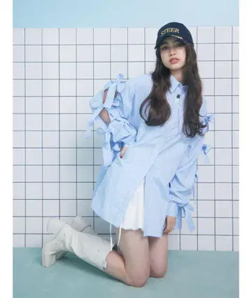 jouetie 리본 슬리브 BIG 스트라이프 셔츠