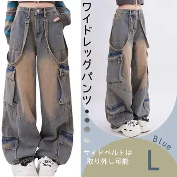 와이드 레그 팬츠 L 카고 팬츠 데님 워시드 팬츠