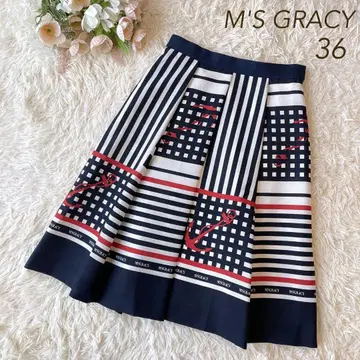 새상품급 M'S GRACY 닻 모티브 턱 스커트 네이비 36