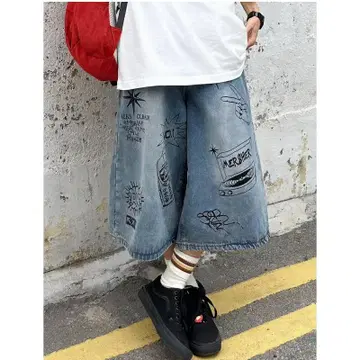 여름용 데님 하프 팬츠 아메카지풍 빈티지 와이드 스트릿 5부 기장