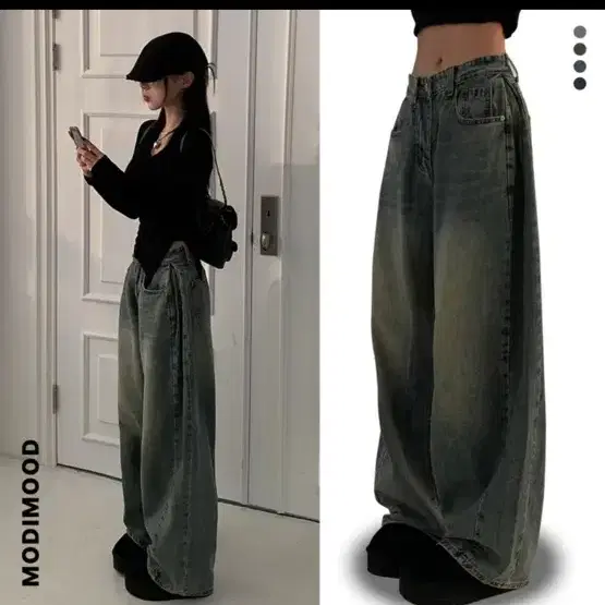 【MODIMOOD】SIDE PINTUCK WASHING DENIM Modimood Feeling Washing Side Pintuck Wide Pants Medium Blue
