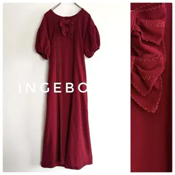 INGEBORG 리본 로고 롱 원피스 빨간색 M 상당 퍼프 슬리브