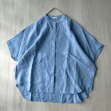 blue willow 린넨 100% 오버 사이즈 밴드 카라 반팔 셔츠