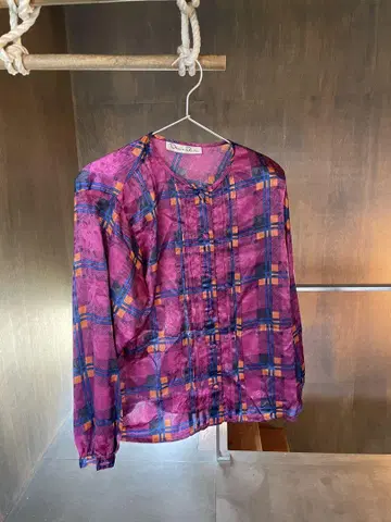 Oscar De La Renta 보라색 체크 무늬 긴팔 셔츠 M 사이즈